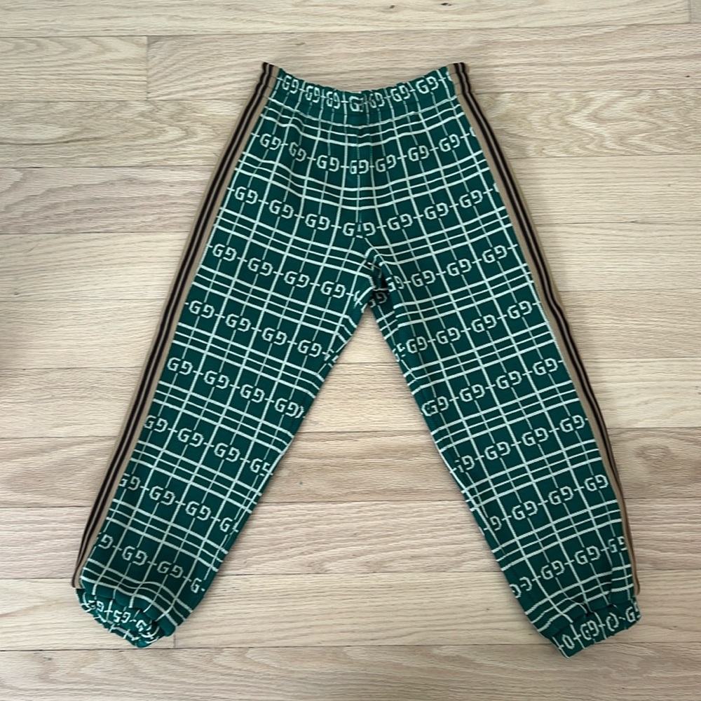 Gucci joggers green  check with GG logo and tan brown side stripes